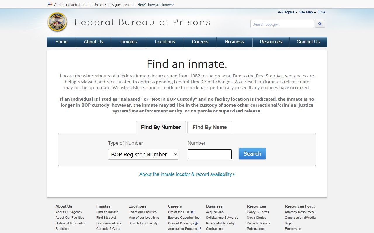 Federal Bureau of Prisons locator for federal custody records