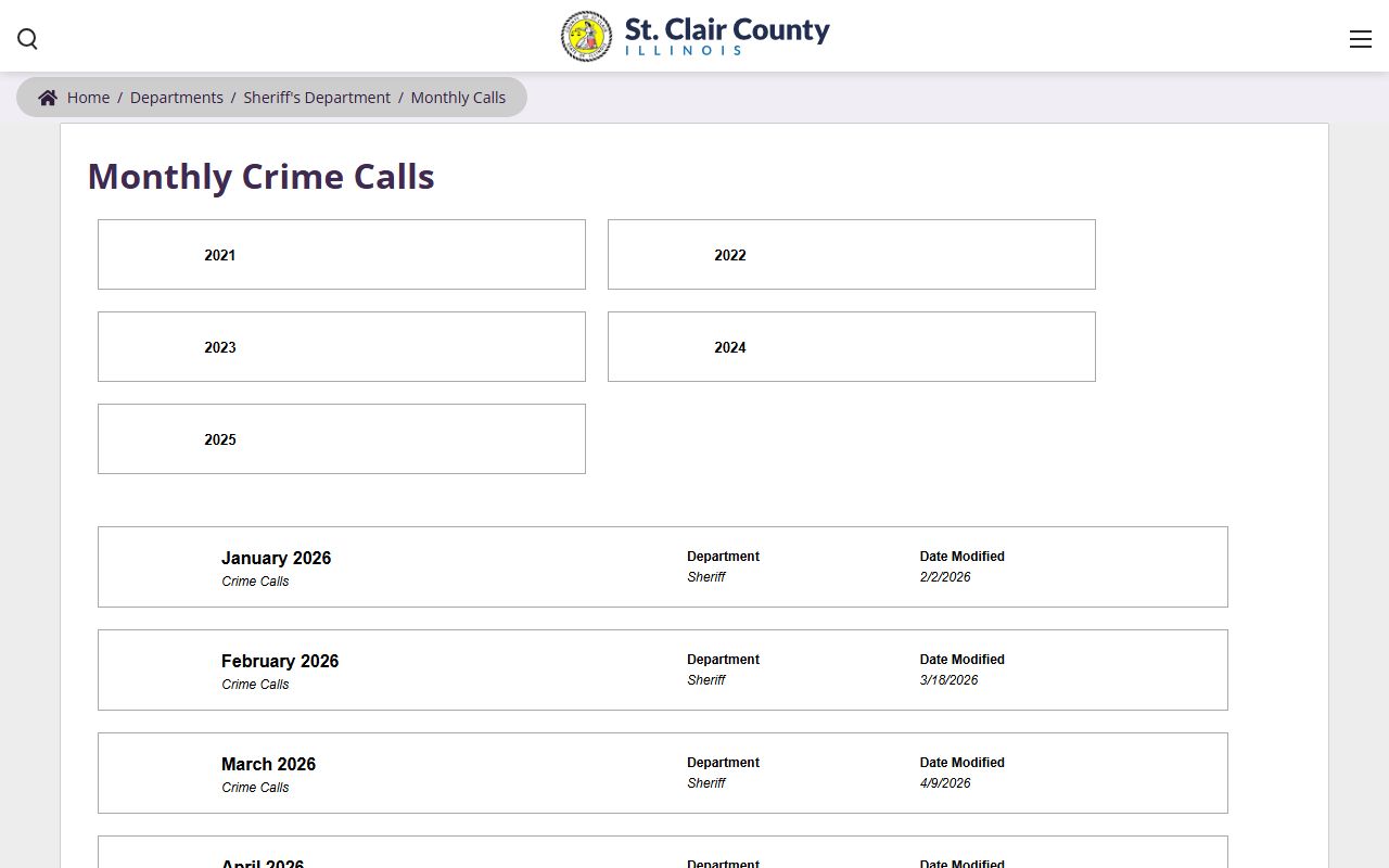 St. Clair County monthly crime calls archive for local activity records