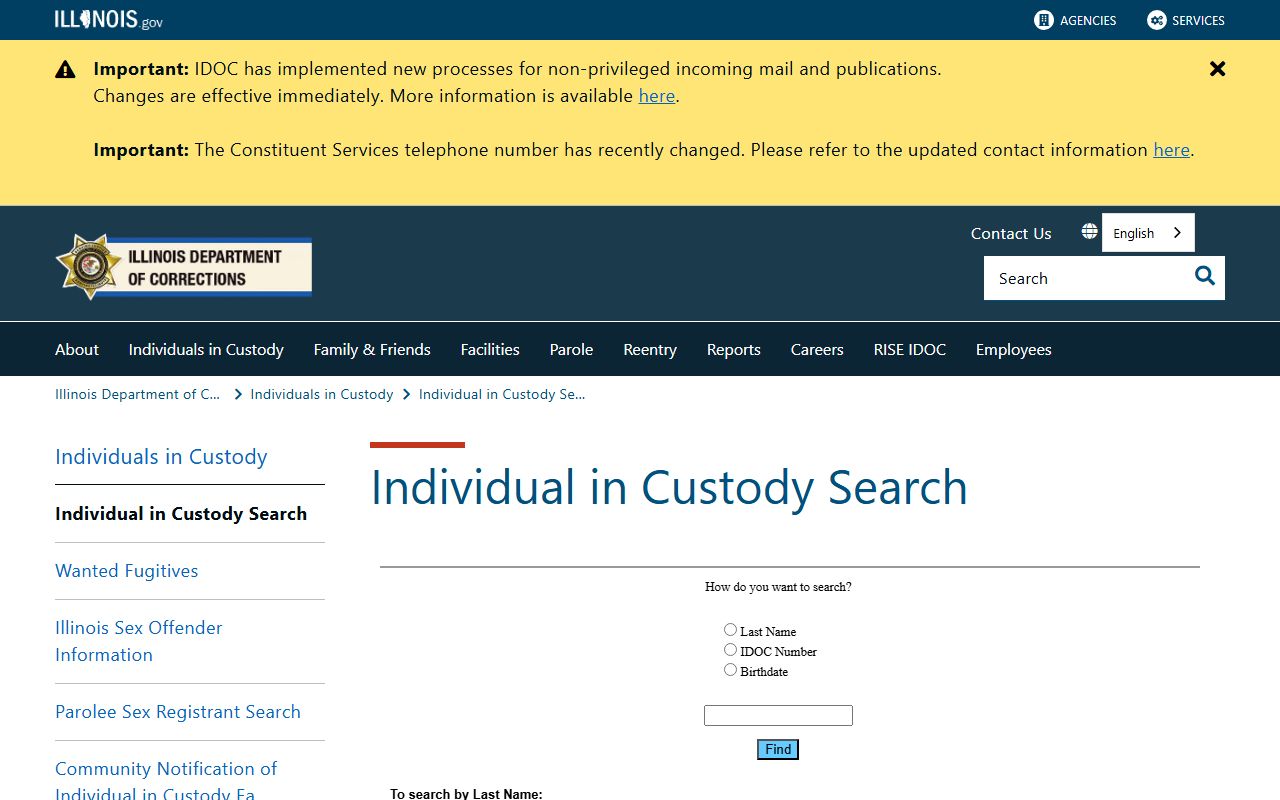 Illinois Department of Corrections offender search for state custody records