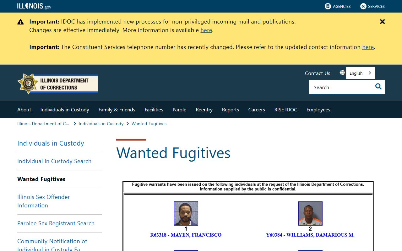 Illinois Department of Corrections statewide wanted fugitives resource